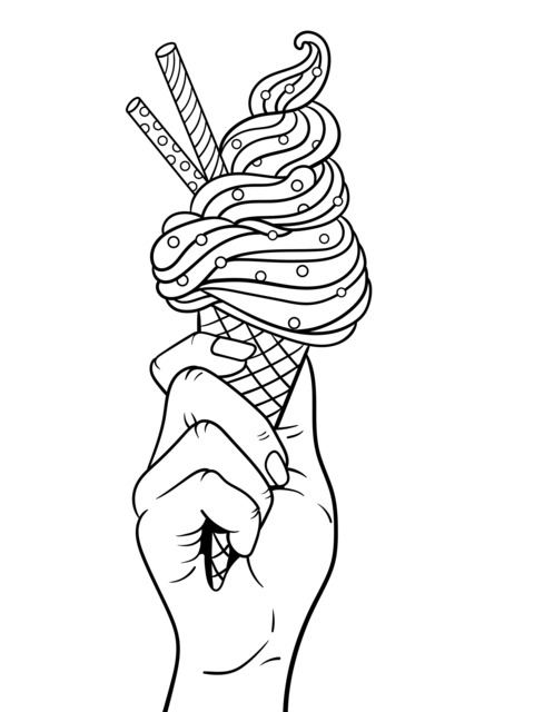 Página de colorear de un helado colorido sostenido por una mano