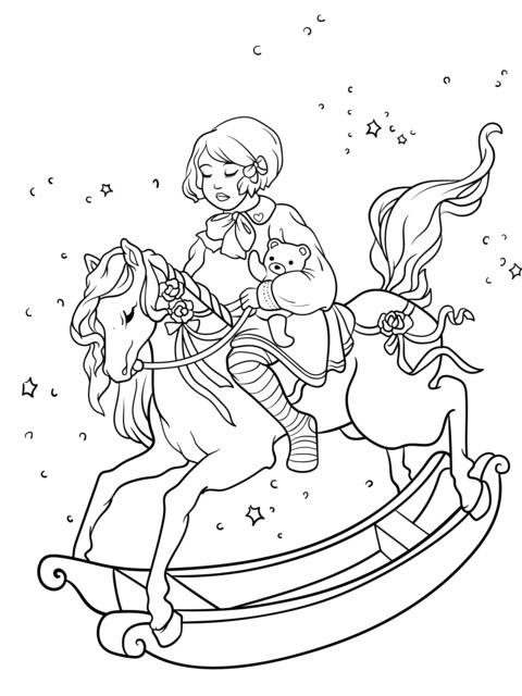 Girl riding a rocking - horse with a teddy bear