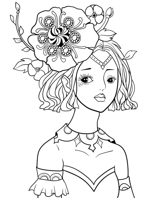 Coloring Page of a Woman with Flower Adornments