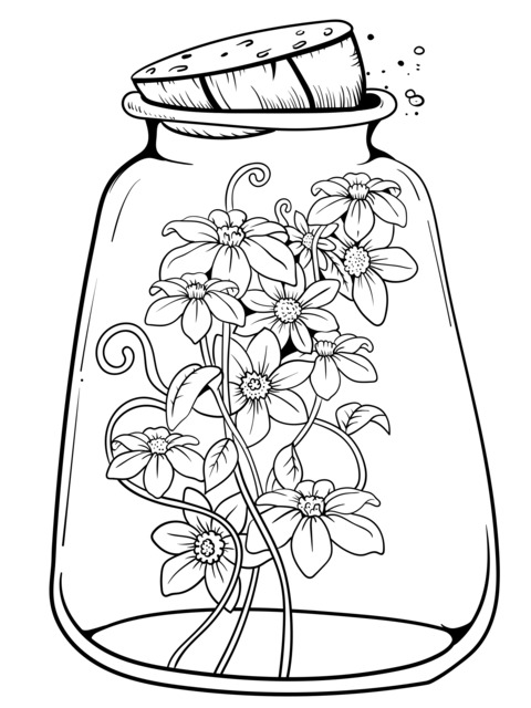 Blue Flowers in a Glass Bottle Coloring Page