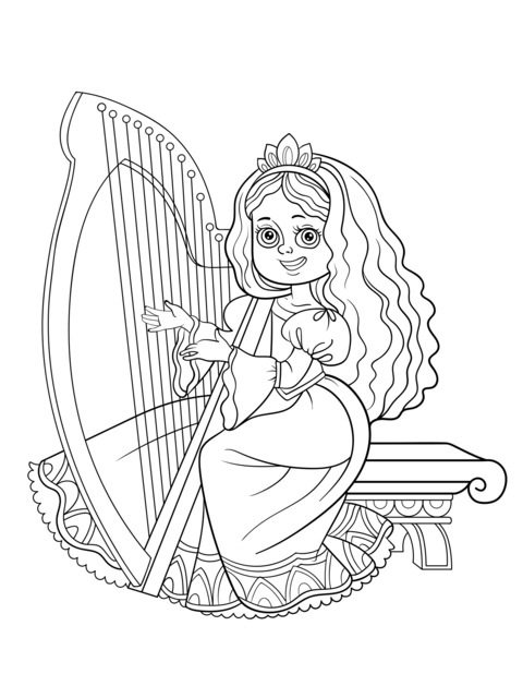 Princess Playing the Harp Coloring Page