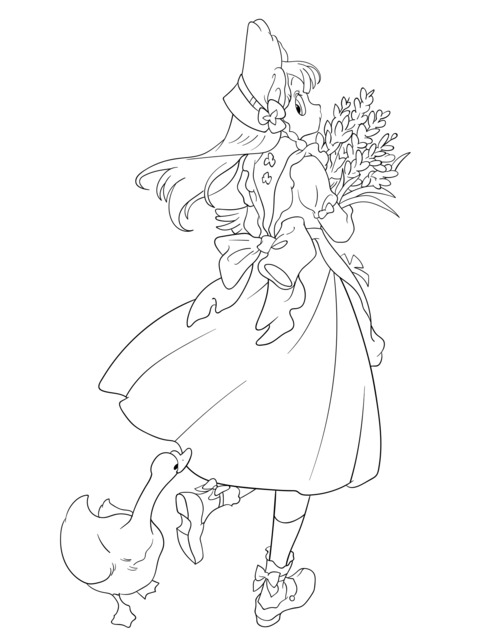 Coloring Page of a Girl in a Green Dress Holding Wheat Ears and a Goose