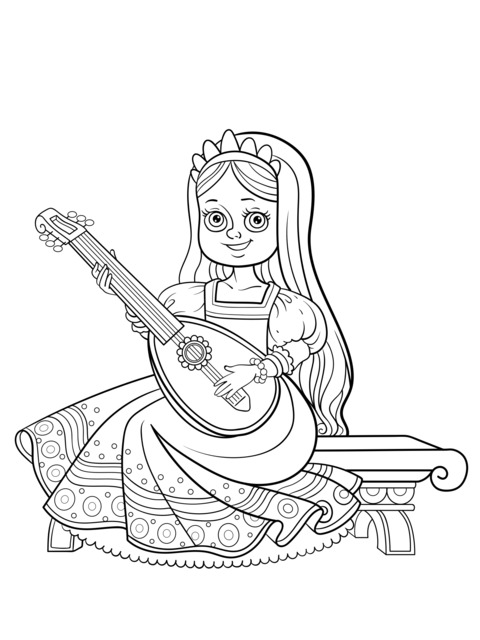 Página de colorir de uma princesa tocando a lira