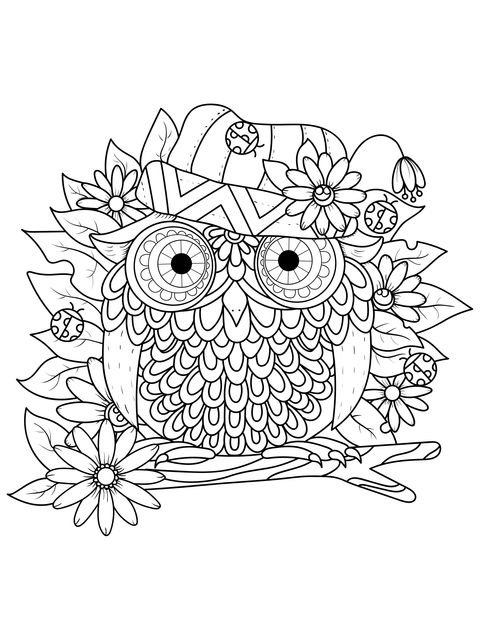 An owl among flowers wearing a hat