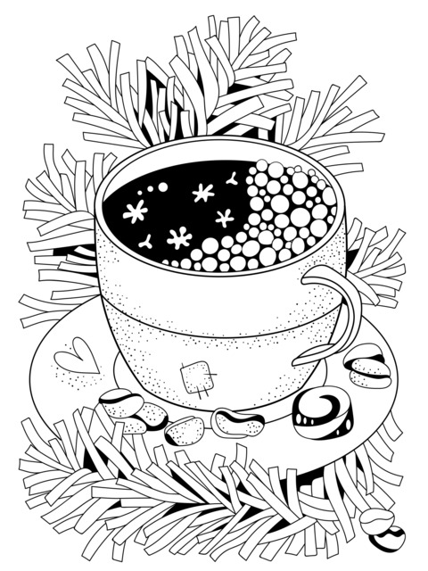 Hot Drink and Pine Branches Coloring Page