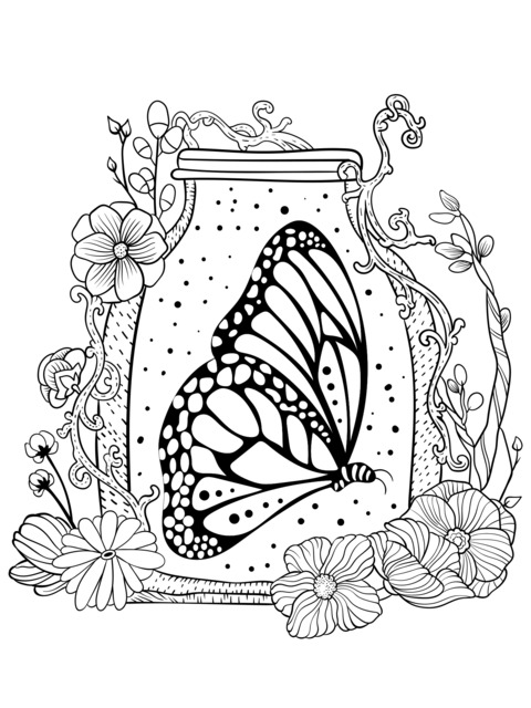 Butterfly in a Jar and Floral Coloring Page