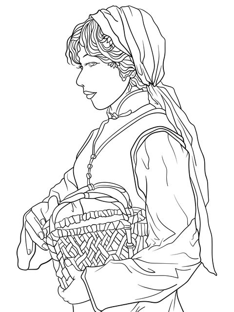 Coloring Page of a Woman Holding a Basket