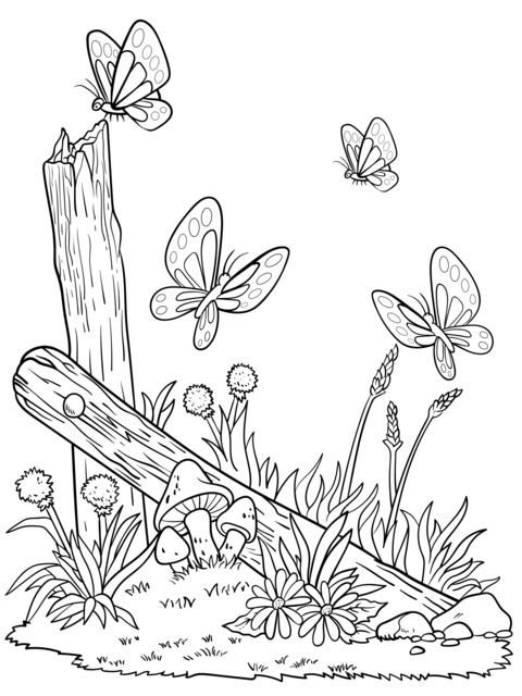 Butterflies, Flowers, Grass and Stakes Coloring Page