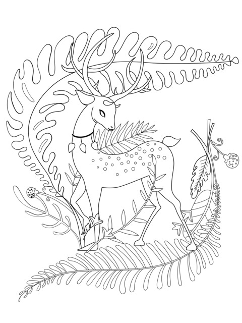 Cute Deer and Plants Coloring Page