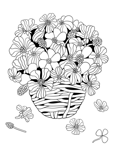 カラフルな手描きの花籃の塗り絵ページ