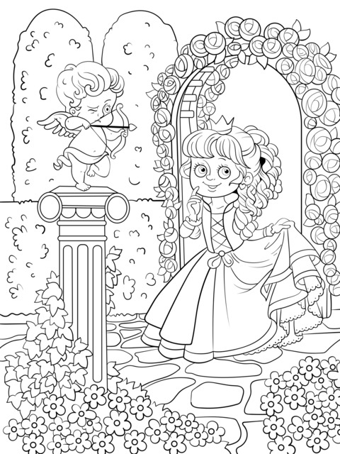 Página para colorir de princesa e anjinho