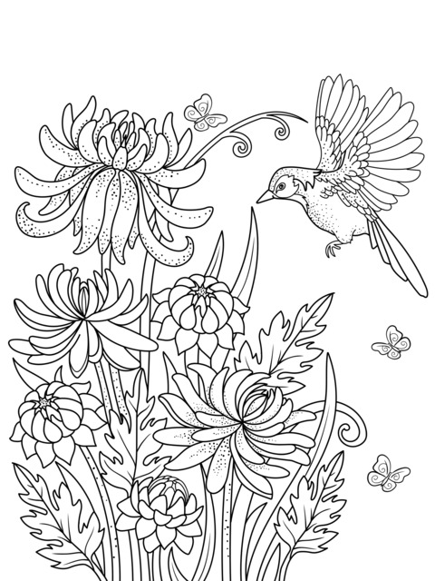 Flowers and Bird Coloring Page