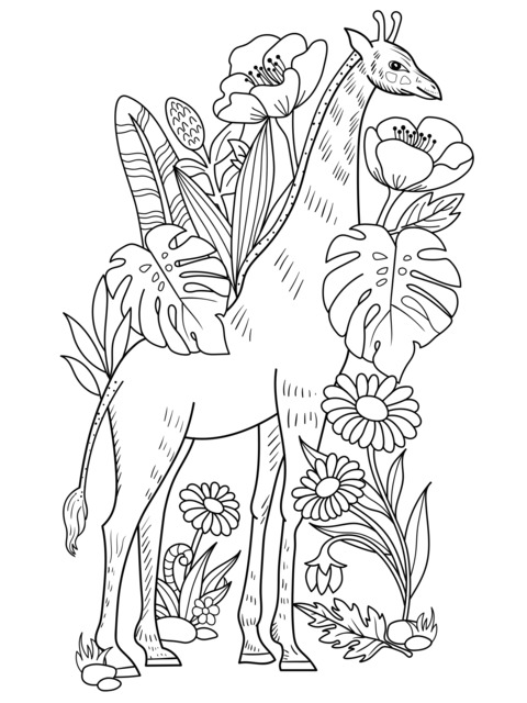 Giraffe and Flowering Plants