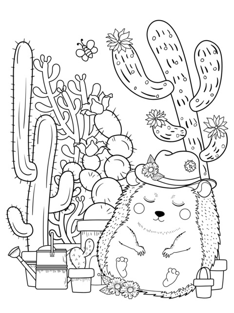 Página para Colorear de un Adorable Erizo y Cactus