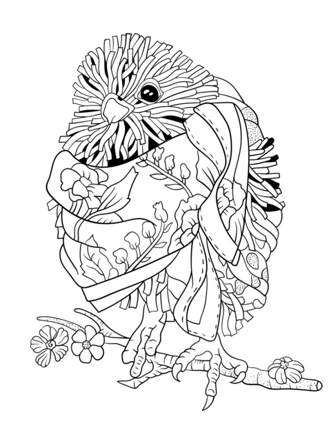 A small bird draped in floral - patterned cloth