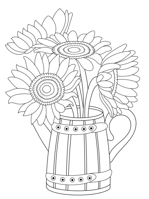 Sunflowers in a Blue Flower Pot Coloring Page