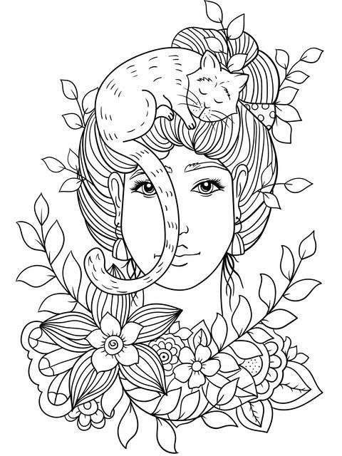 Coloring Page of a Woman with a Cat and Flowers