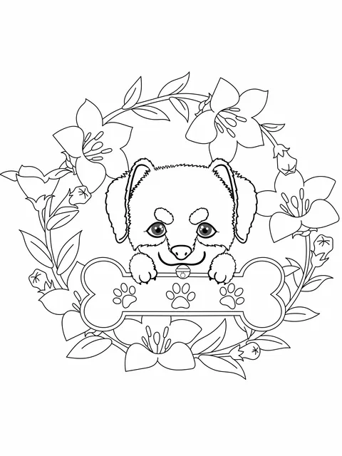 Dog and Bone in a Flower Wreath