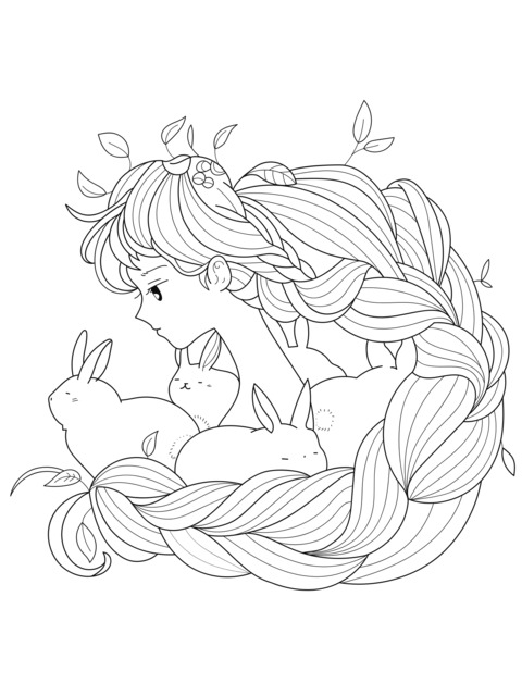 Coloring Page of a Long - Haired Girl and Rabbits