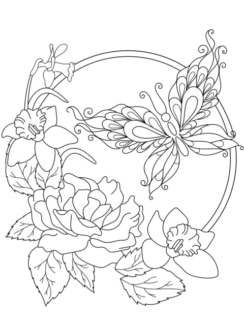 Flower and Butterfly Coloring Page