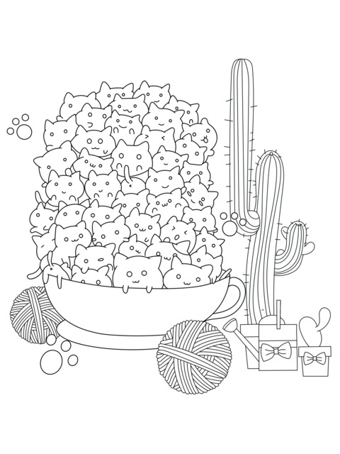 Adorable Cat Coloring Page: A Cup Full of Colorful Kittens