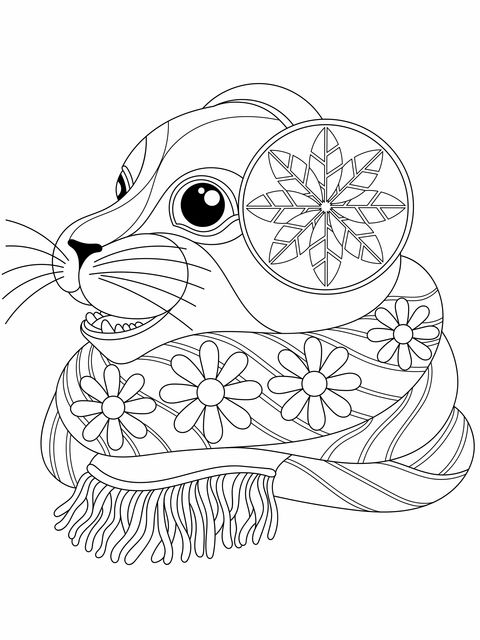 Cute Seal Coloring Page: Adorable Image with Hat and Flower - Patterned Scarf