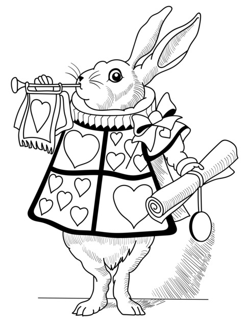 Coloring Page of a Trumpet - playing Rabbit in Heart - themed Attire