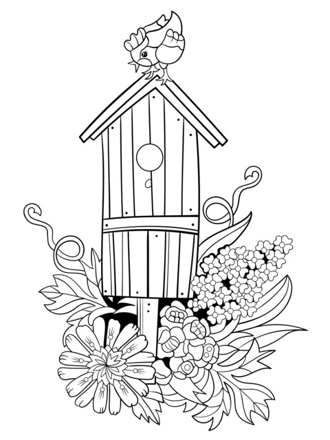 Bird and Flower - adorned Birdhouse Coloring Page