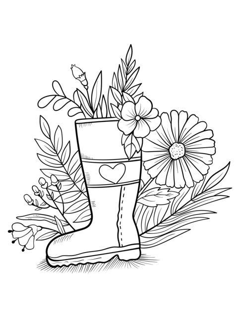 Coloring Page of a Yellow Rain Boot Decorated with Flowers