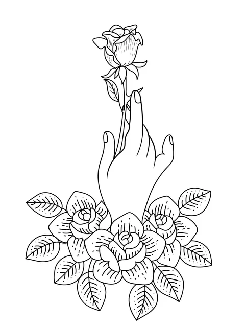 Hand holding a rose and blooming flowers