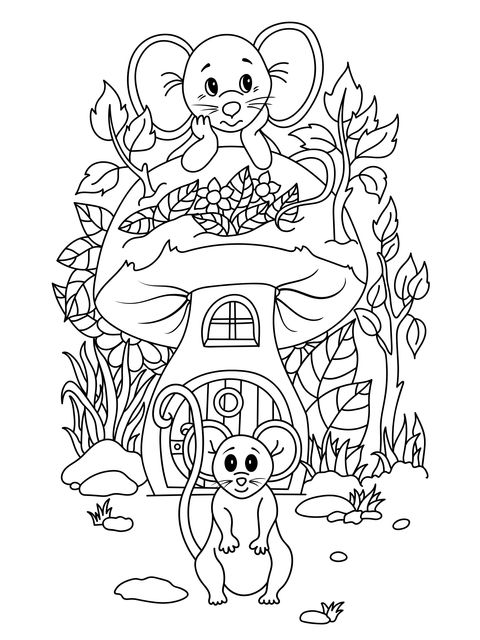 Cute Mice and Mushroom House Coloring Page