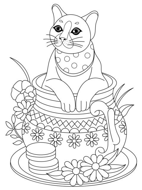 Página para colorear de un gato en una taza de té decorada con flores