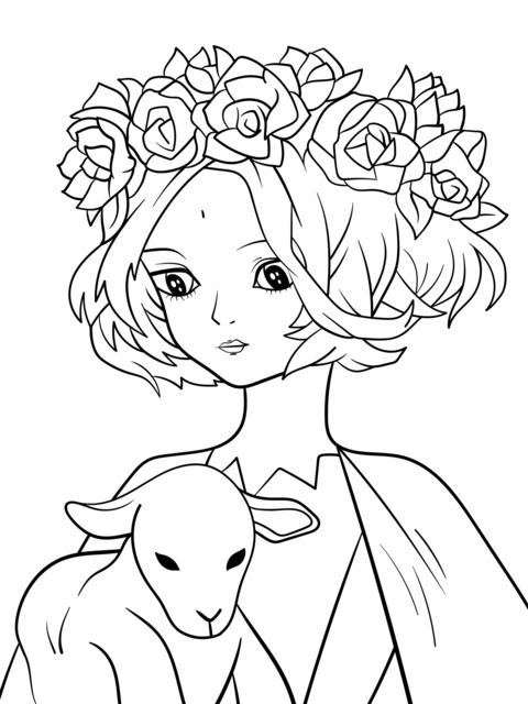 Woman with flower - crown holding a lamb