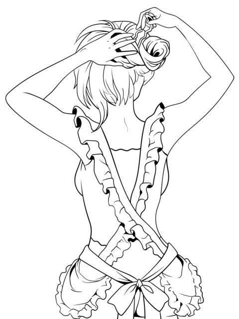 Coloring Page of a Girl Doing Her Hair