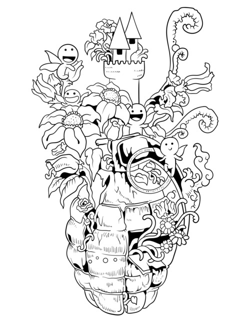 Grenade - themed Creative Illustration Coloring Page: Fantastic Plants and Small Creatures