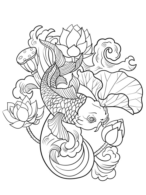 Koi Fish and Lotus Coloring Page