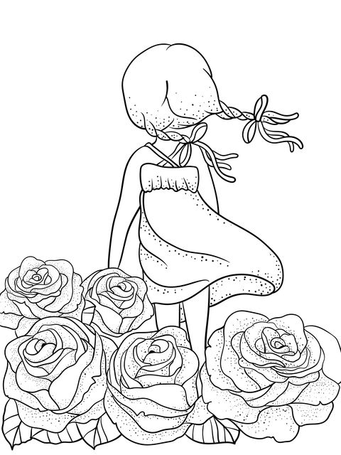 Girl and Roses Coloring Page