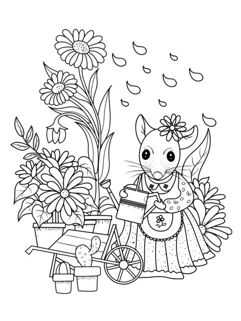 Cute Mouse Gardening - Themed Coloring Page