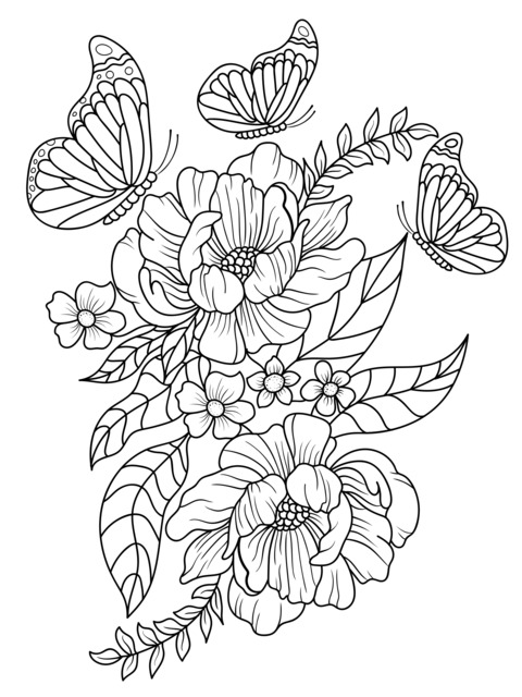 Flower and Butterfly Coloring Page