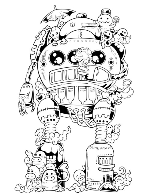 Fantasy Robot and Little Creatures Coloring Page