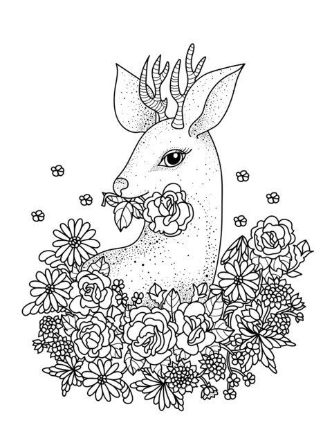 Coloring Page of a Deer Surrounded by Flowers