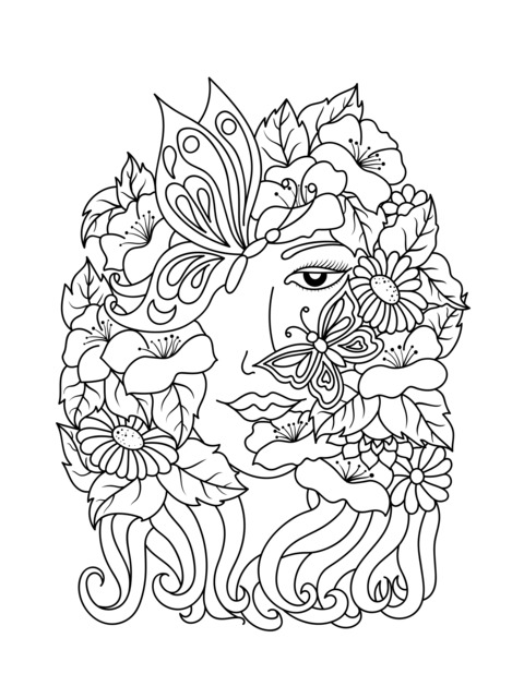 Floral and Butterfly - encircled Female Head Coloring Page