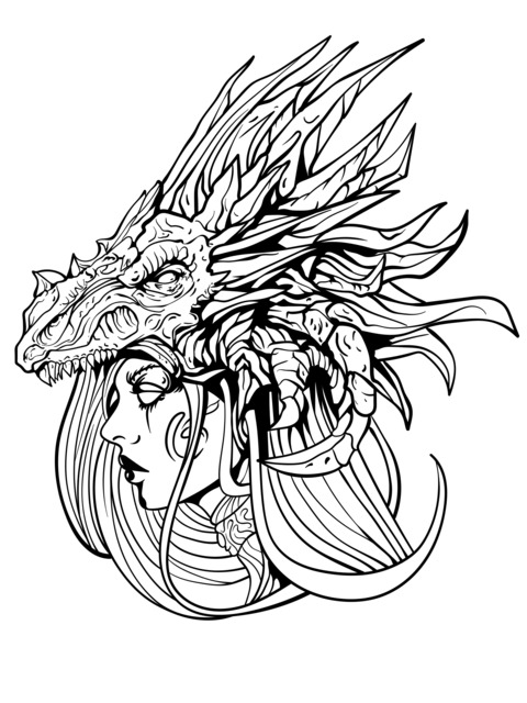 Fantasy Coloring Page of a Girl with a Dragon Head