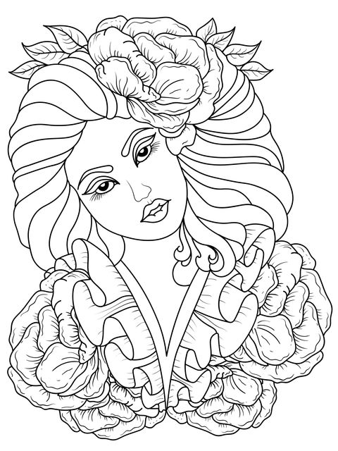 Beautiful Flower - adorned Woman Coloring Page