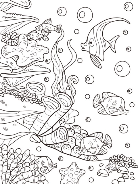 Underwater World Coloring Page: Colorful Fish and Corals