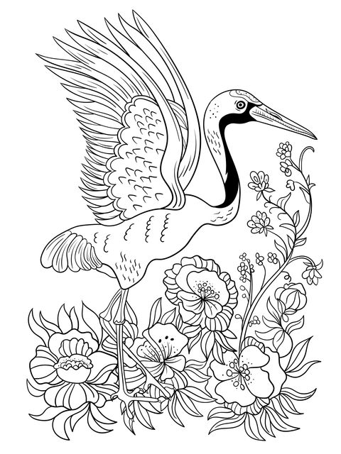 Red - Crowned Crane and Flower Coloring Page