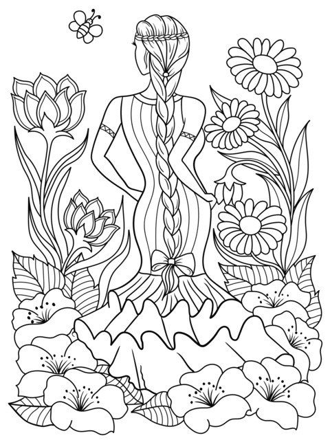 Coloring Page of a Maiden among Flowers