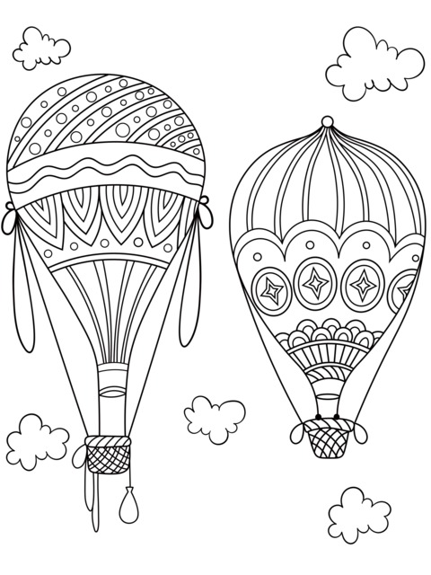 Hot Air Balloon Coloring Page: Two Hot Air Balloons with Cloud Patterns