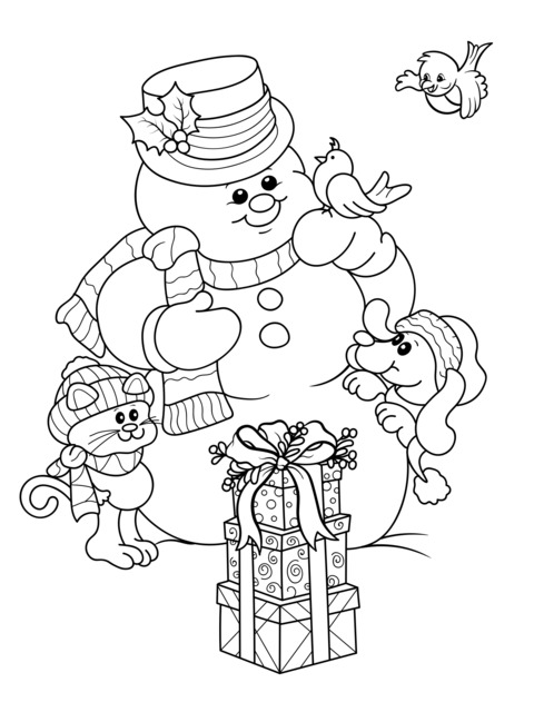 Snowman, Animals and Gifts Coloring Page