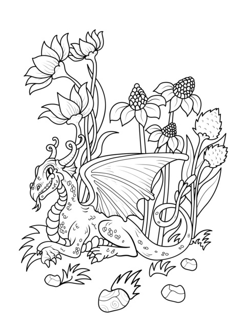 Cute Dragon and Flowers Coloring Page